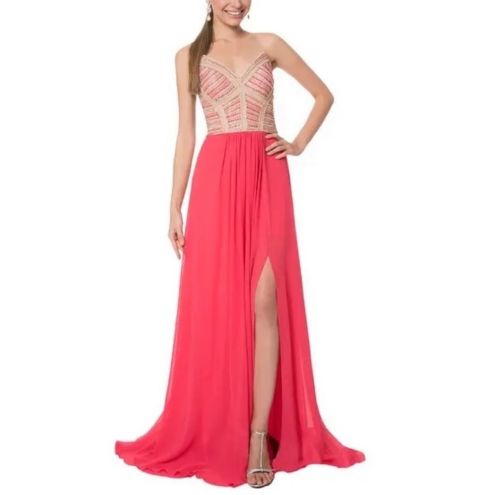 Terani Couture coral strapless beaded chiffon long dress